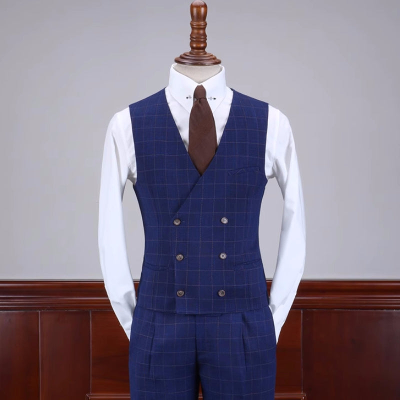 Stylish Midnight Blue Checkered Notch Lapel Three-Piece Business Suit