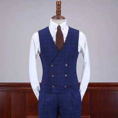 Stylish Midnight Blue Checkered Notch Lapel Three-Piece Business Suit
