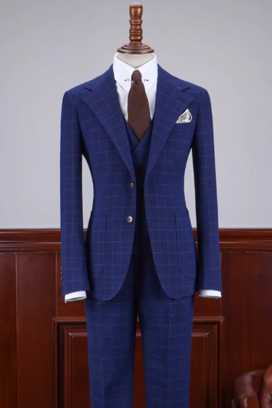 Stylish Midnight Blue Checkered Notch Lapel Three-Piece Business Suit
