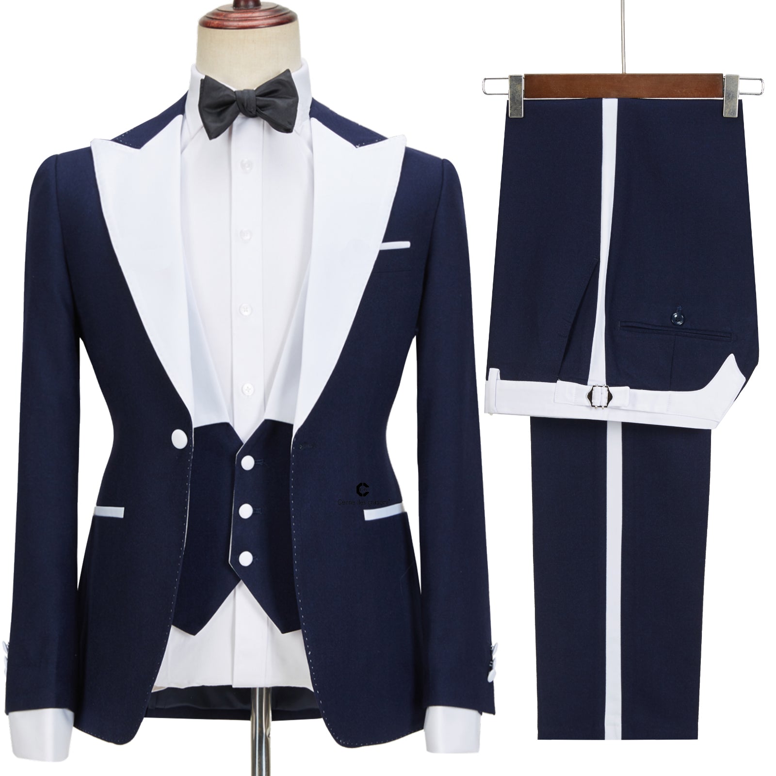 Stylish Navy Blue Peak Lapel Slim Fit Three-Piece Men’s Attire