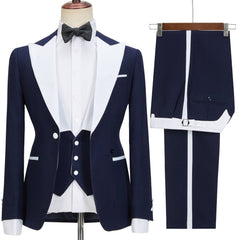 Stylish Navy Blue Peak Lapel Slim Fit Three-Piece Men’s Attire