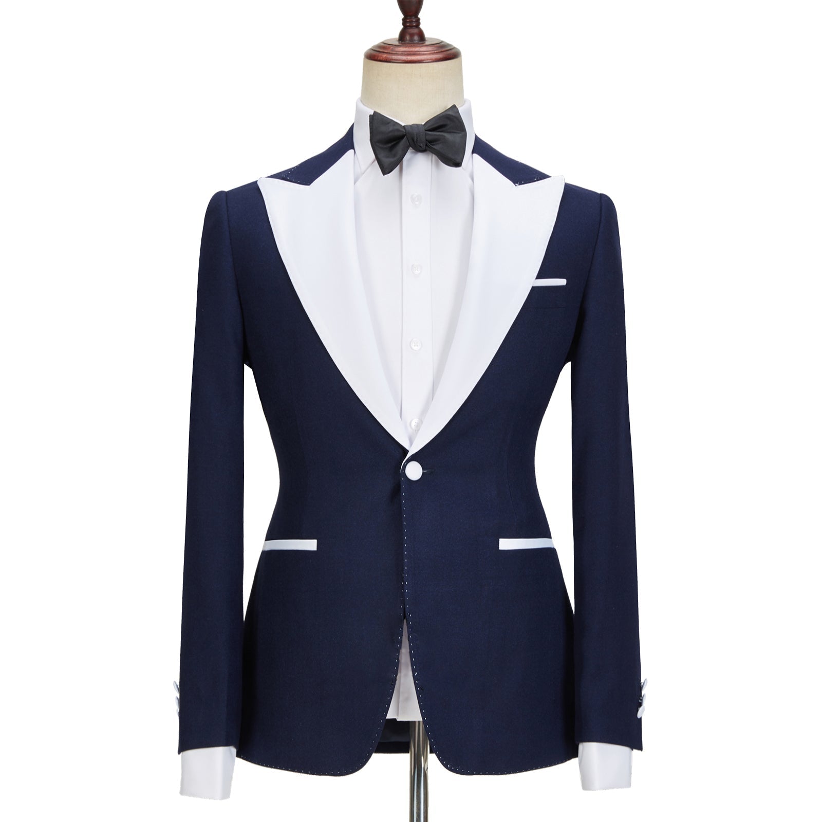 Stylish Navy Blue Peak Lapel Slim Fit Three-Piece Men’s Attire