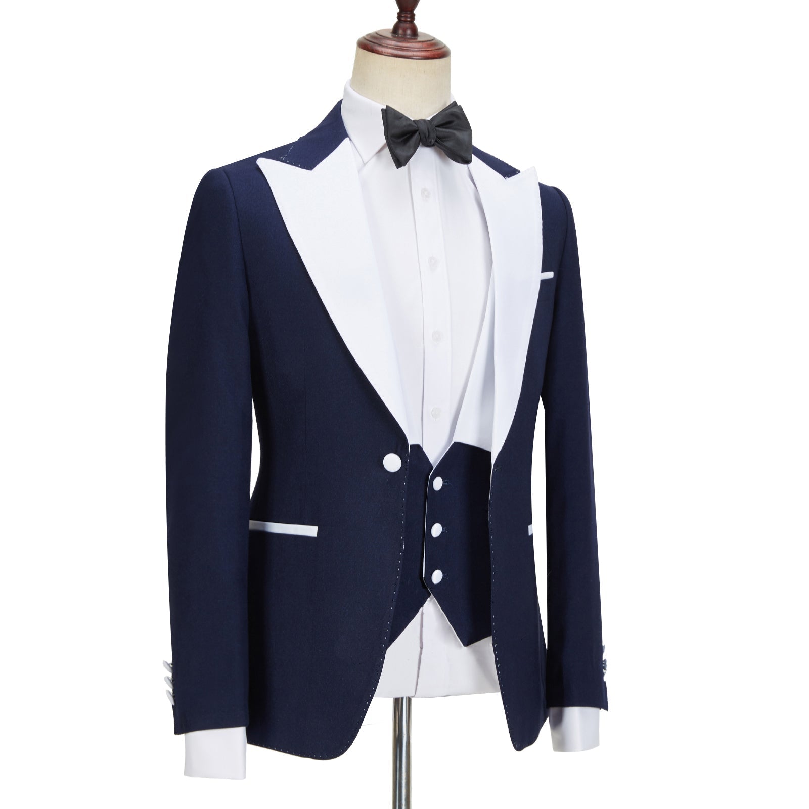 Stylish Navy Blue Peak Lapel Slim Fit Three-Piece Men’s Attire