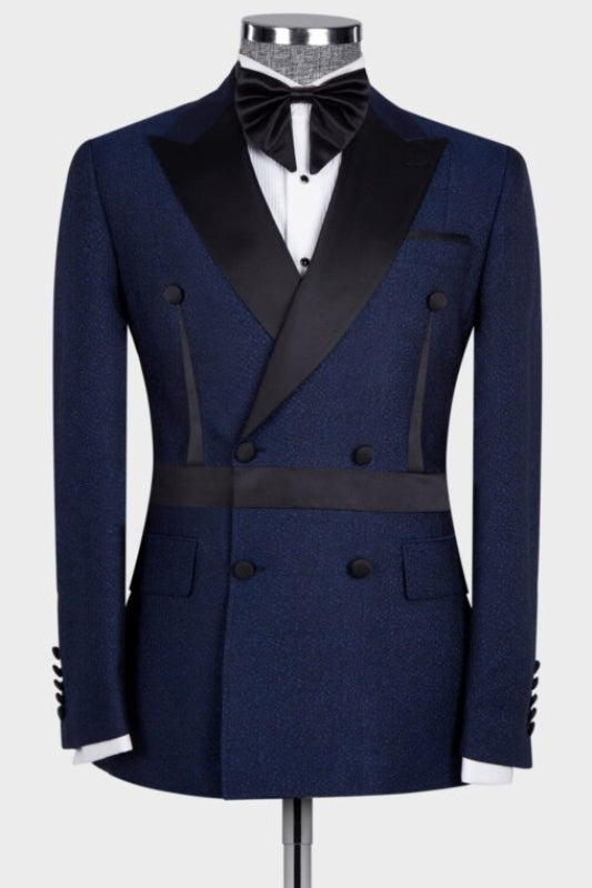 Stylish Navy Blue Peaked Lapel Double-Breasted Prom Outfit for Men