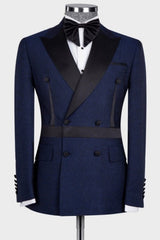 Stylish Navy Blue Peaked Lapel Double-Breasted Prom Outfit for Men