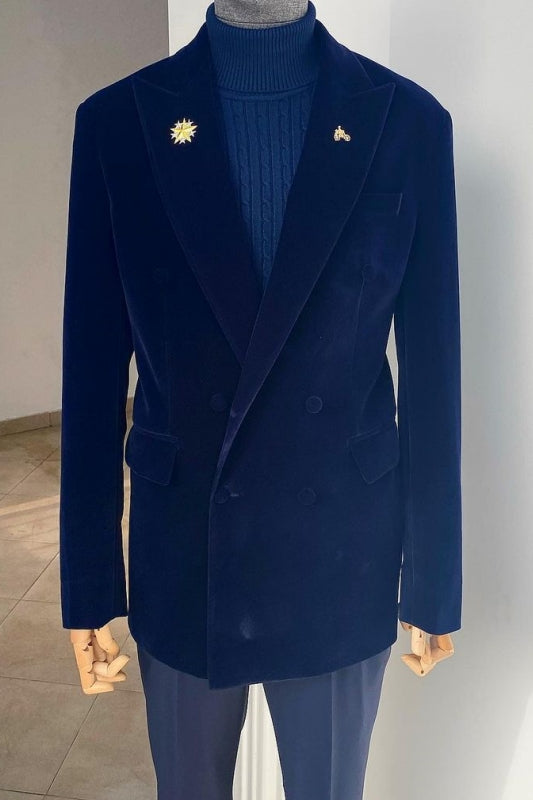 Stylish Navy Blue Peaked Lapel Velvet Prom Outfit