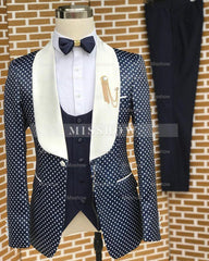 Stylish Navy Blue Shawl Collar Three-Piece Dot Wedding Ensemble