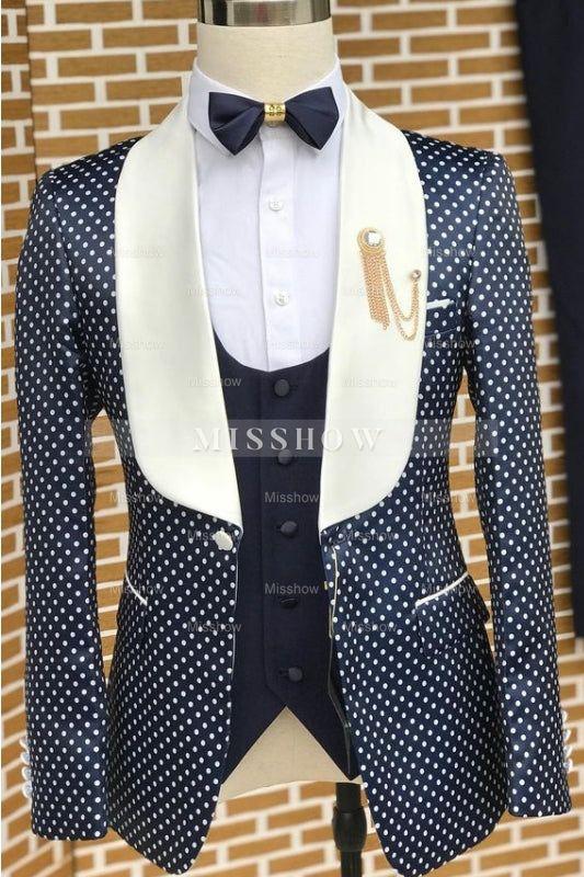 Stylish Navy Blue Shawl Collar Three-Piece Dot Wedding Ensemble