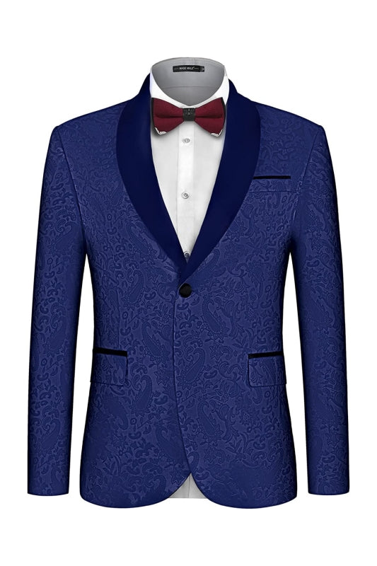 Stylish Navy Blue Shawl Collar Two-Piece Jacquard Groom's Attire