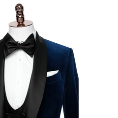 Stylish Navy Blue Shawl Lapel Three-Piece Velvet Suit