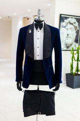 Stylish Navy Blue Shawl Lapel Two-Piece Velvet Suit