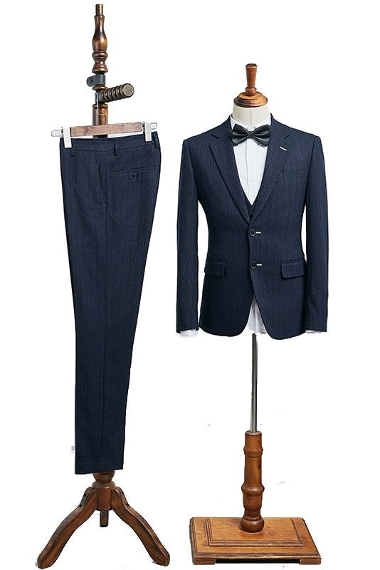 Stylish Navy Blue Striped Three Pieces Notched Lapel Business Suit