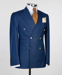 Stylish Navy Striped Peak Lapel Double Breasted Business Men’s Suits
