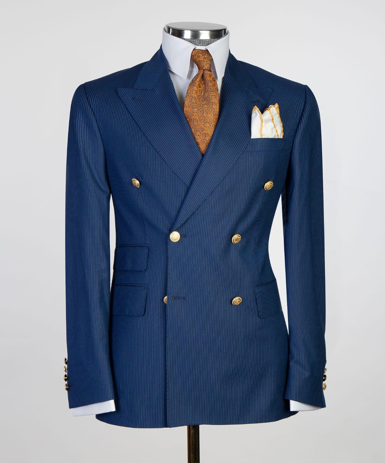 Stylish Navy Striped Peak Lapel Double Breasted Business Men’s Suits