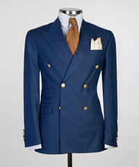 Stylish Navy Striped Peak Lapel Double Breasted Business Men’s Suits