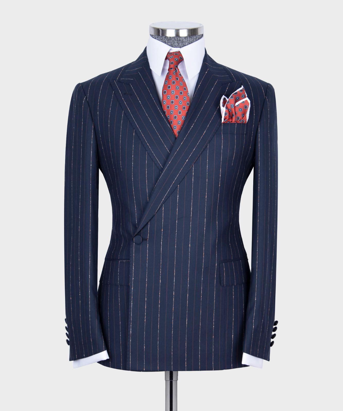 Stylish Navy Two-Piece Striped One Button Suit with Peaked Lapel