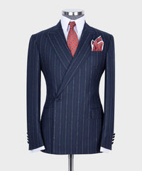 Stylish Navy Two-Piece Striped One Button Suit with Peaked Lapel