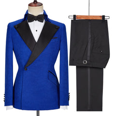 Stylish New Arrival Royal Blue Jacquard Wedding Suit with Black Lapel
