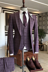 Stylish Purple Peaked Lapel Plaid Three-Piece Business Suit