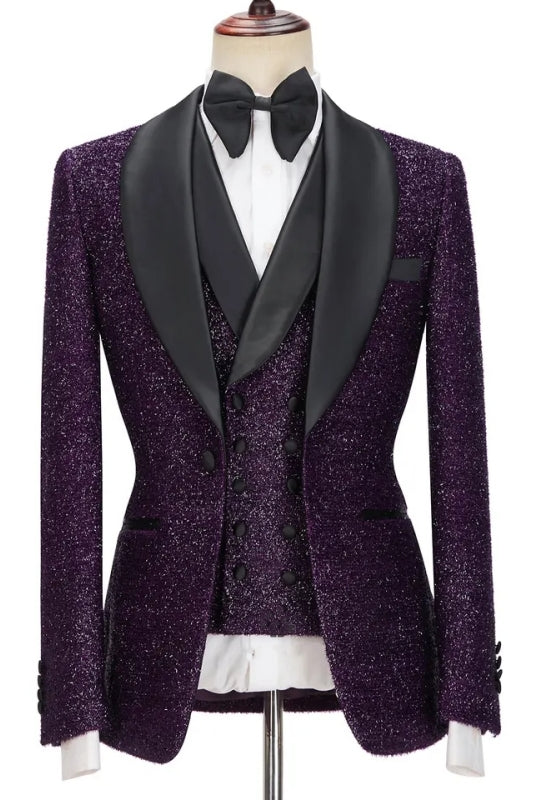 Stylish Purple Sequined Shawl Collar Three-Piece Wedding Ensemble
