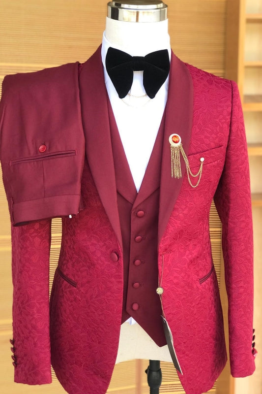 Stylish Red Shawl Collar Three-Piece Jacquard Wedding Ensemble