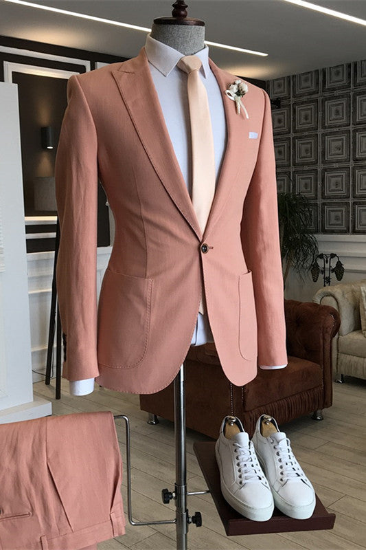 Stylish Salmon Pink Peaked Lapel Men's Prom Suit