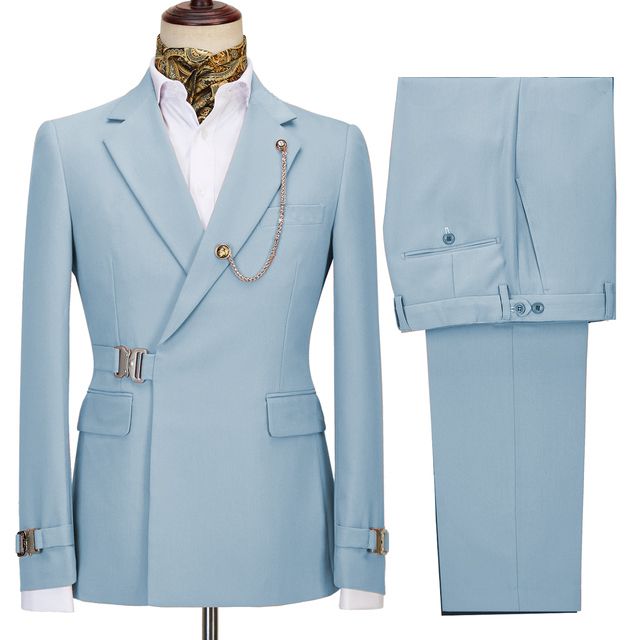 Stylish Sky Blue Notched Lapel Two Pieces Business Men’s Suits