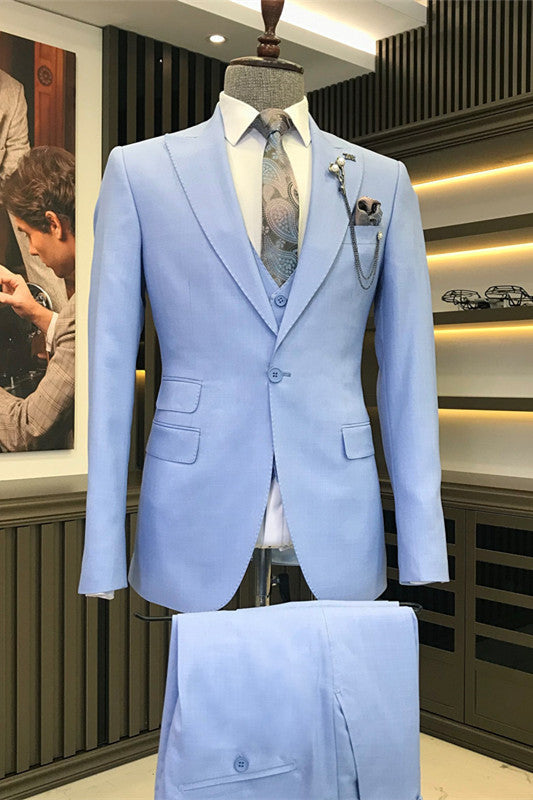 Stylish Sky Blue Three-Piece Peaked Lapel Prom Suit For Men