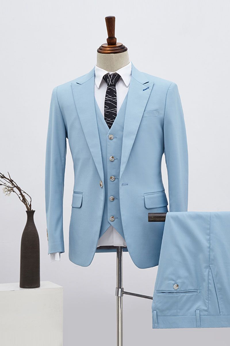 Stylish Sky Blue Three Pieces Single Breasted Slim Fit Custom Business Suit