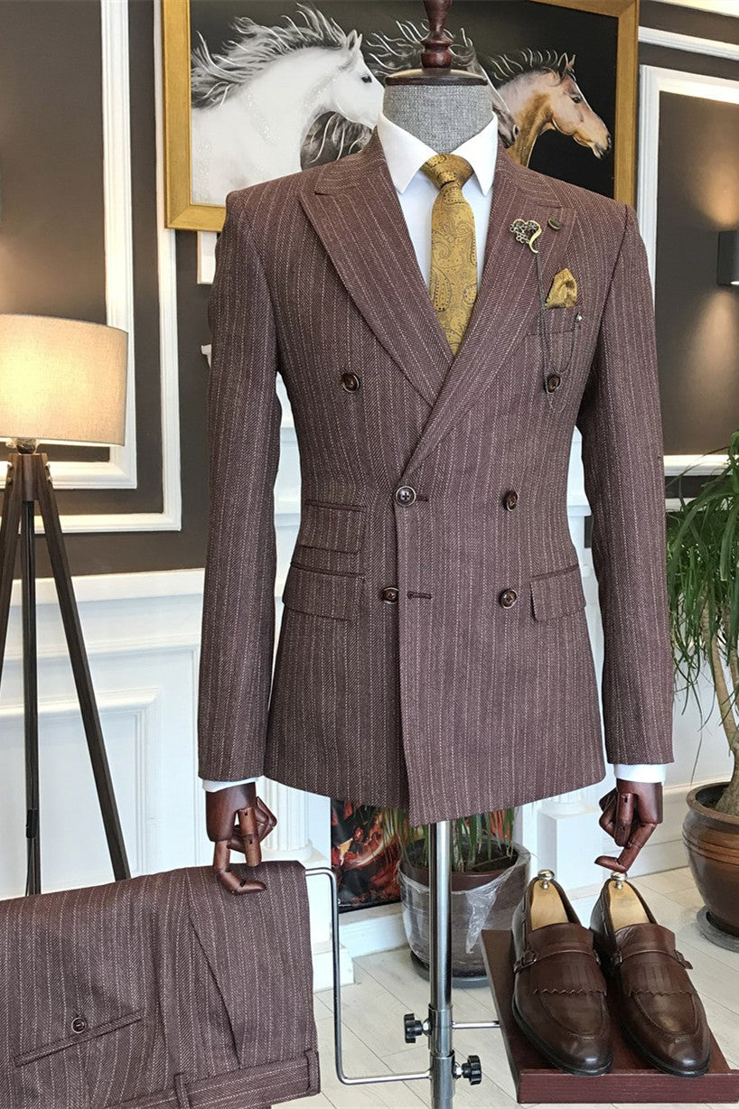 Stylish Striped Double-Breasted Peaked Lapel Business Men’s Suits