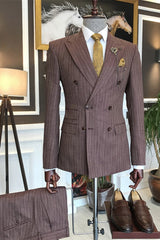 Stylish Striped Double-Breasted Peaked Lapel Business Men’s Suits