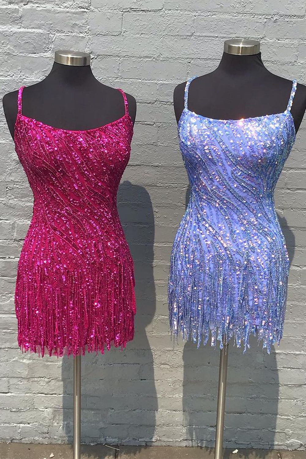 Stylish Tight Spaghetti Straps Fuchsia/Blue Sequins Short Homecoming Dress with Tassel