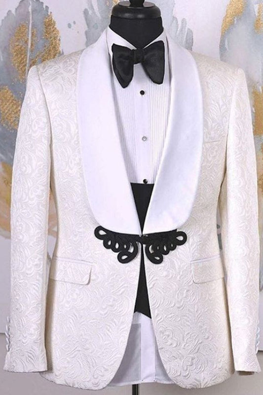 Stylish White Shawl Collar Two-Piece Jacquard Groom's Wedding Attire