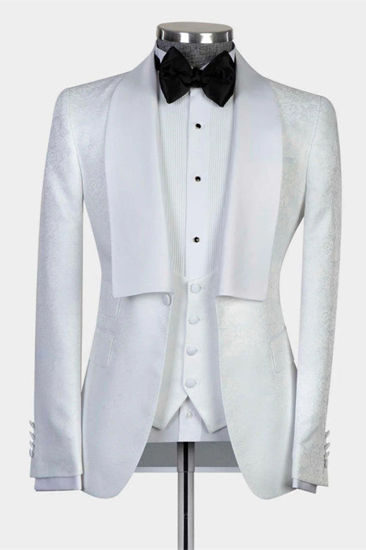 Stylish White Shawl Lapel Three-Piece Jacquard Men’s Wedding Suits