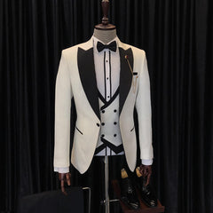 Stylish White Three-Piece Wedding Men’s Suits with Black Peaked Lapel