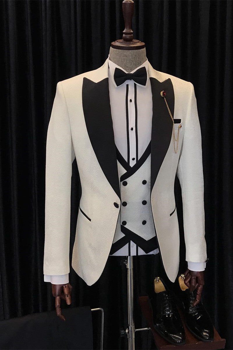 Stylish White Three-Piece Wedding Men’s Suits with Black Peaked Lapel