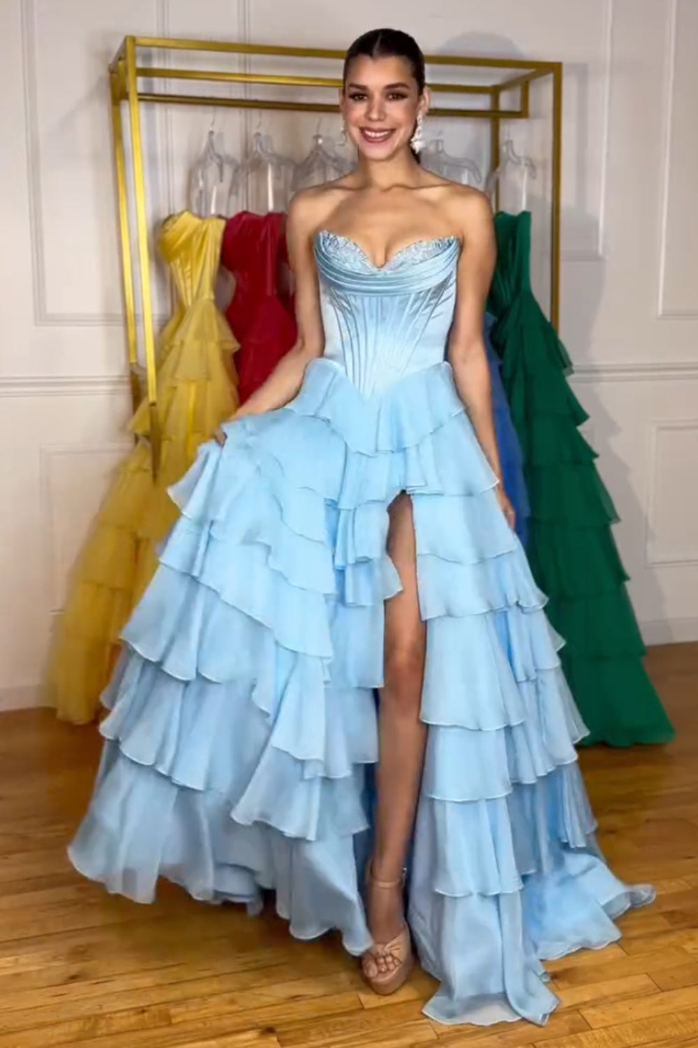 Sweetheart A Line Long Chiffon Prom Dress in Fuchsia with Tiered Corset and Slit