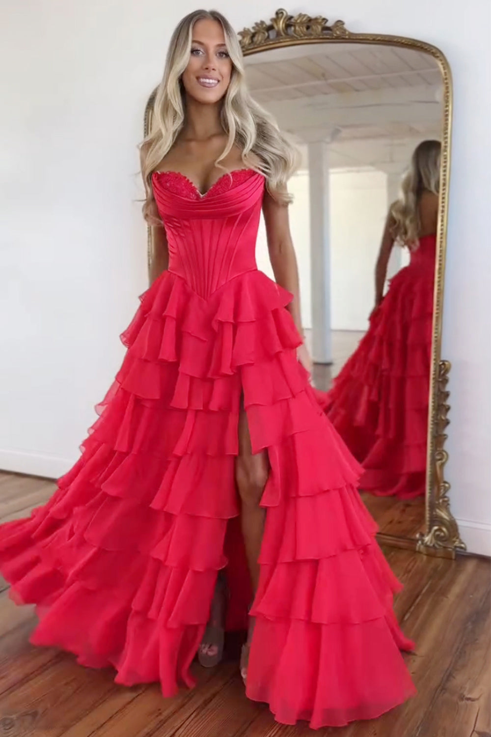 Sweetheart A Line Long Chiffon Prom Dress in Fuchsia with Tiered Corset and Slit