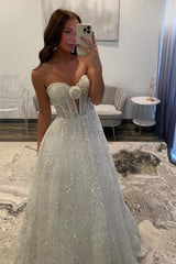 Sweetheart A-Line Long Corset Prom Dress in Glitter White
