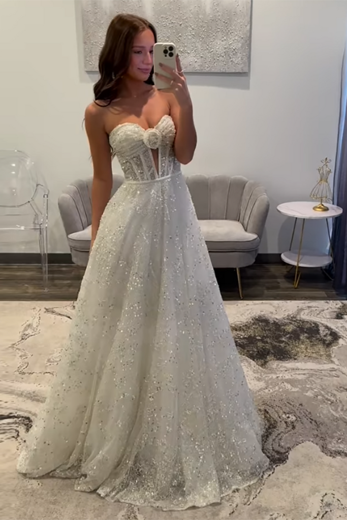 Sweetheart A-Line Long Corset Prom Dress in Glitter White – misshow.com