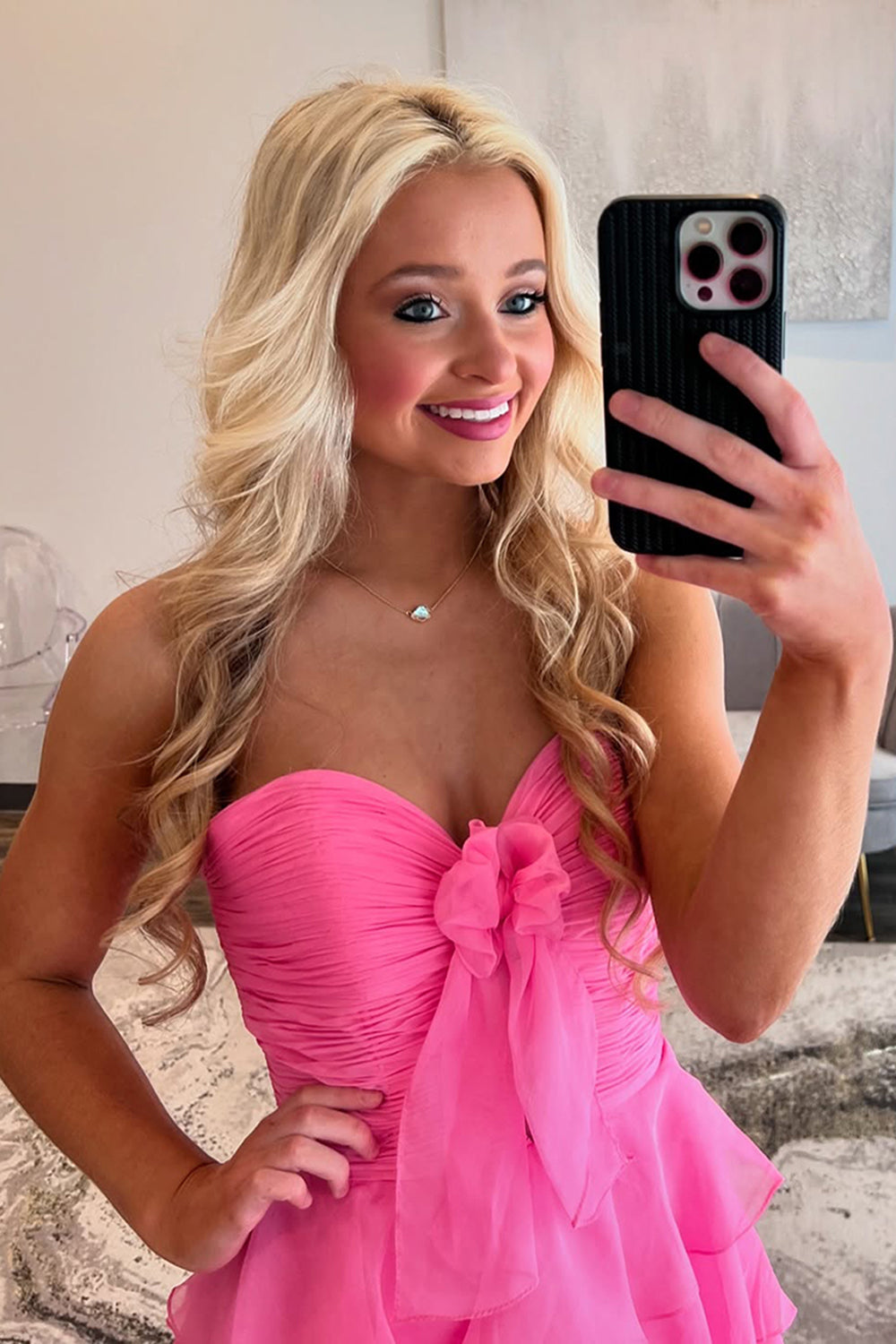 Sweetheart A-Line Long Prom Dress in Hot Pink with Chiffon Ruffles and Slit