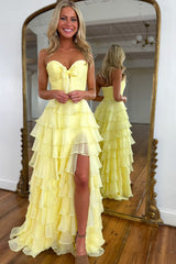 Sweetheart A-Line Long Prom Dress in Hot Pink with Chiffon Ruffles and Slit