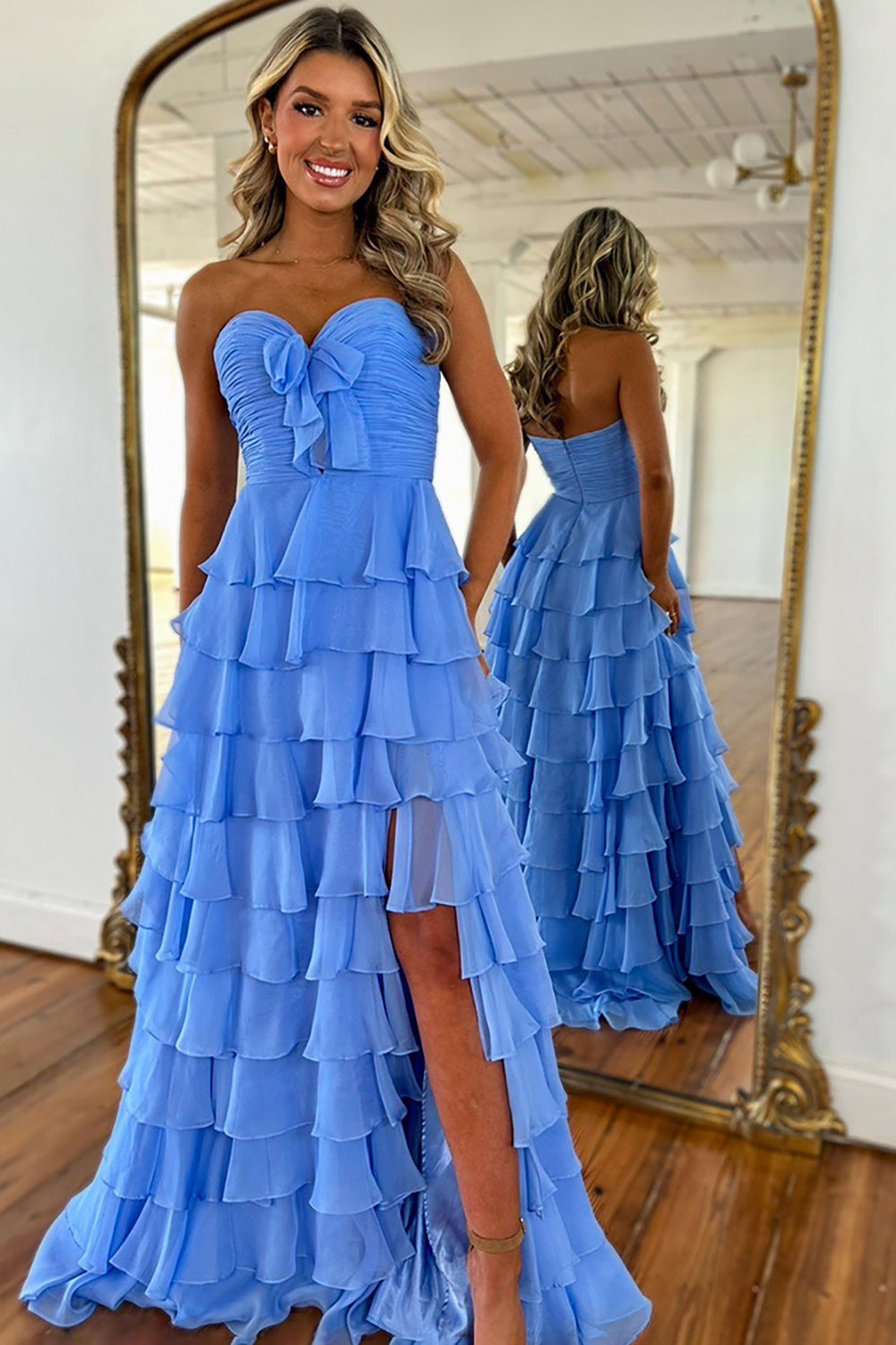 Sweetheart A-Line Long Prom Dress in Hot Pink with Chiffon Ruffles and Slit