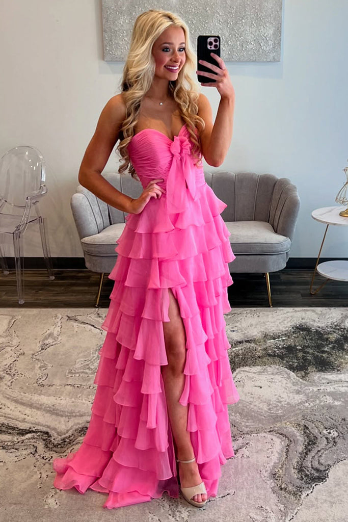 Sweetheart A-Line Long Prom Dress in Hot Pink with Chiffon Ruffles and Slit  – misshow.com