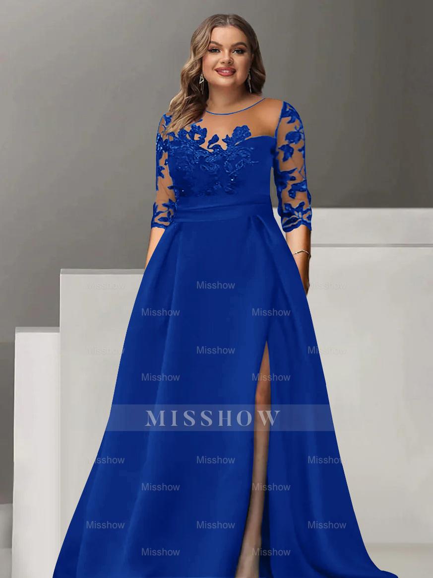 Sweetheart A-Line Princess Floor-Length Plus Size Mother of the Bride Dress with 3/4 Sleeves Lace & Side Split
