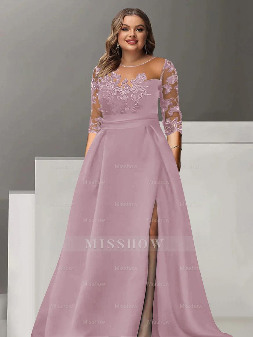 Sweetheart A-Line Princess Floor-Length Plus Size Mother of the Bride Dress with 3/4 Sleeves Lace & Side Split