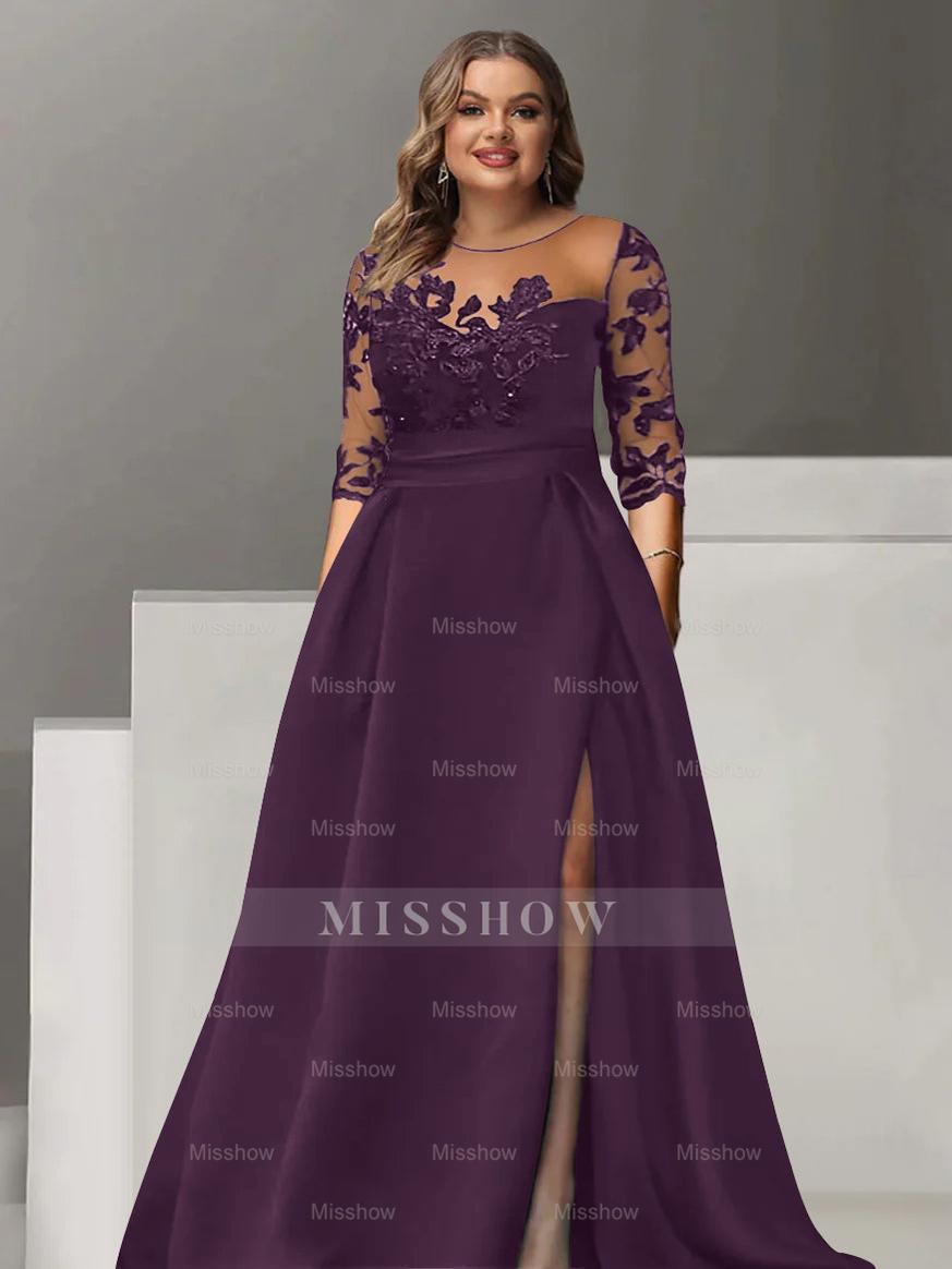 Sweetheart A-Line Princess Floor-Length Plus Size Mother of the Bride Dress with 3/4 Sleeves Lace & Side Split