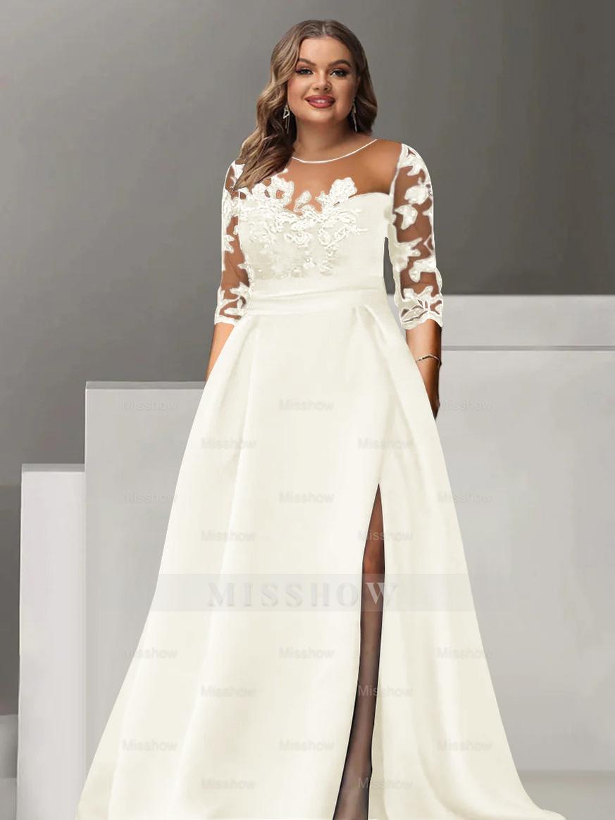 Sweetheart A-Line Princess Floor-Length Plus Size Mother of the Bride Dress with 3/4 Sleeves Lace & Side Split