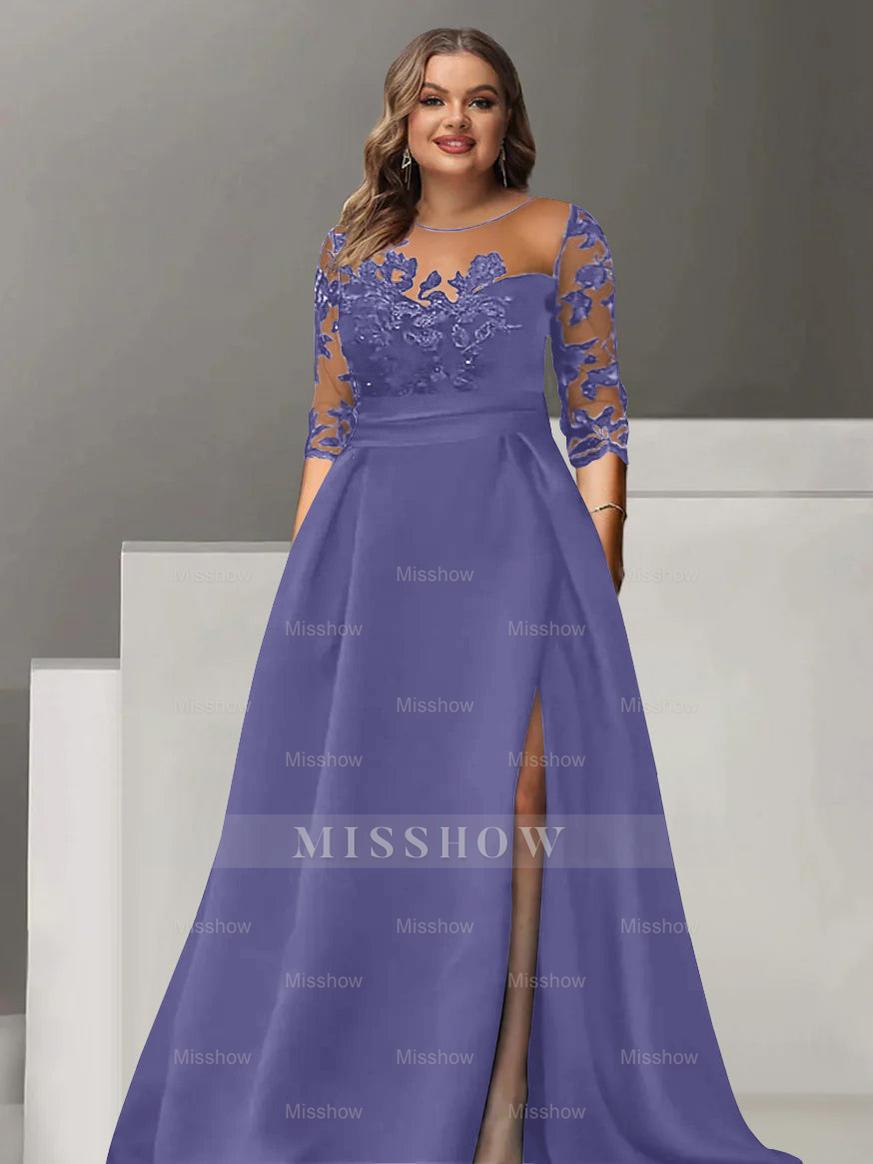 Sweetheart A-Line Princess Floor-Length Plus Size Mother of the Bride Dress with 3/4 Sleeves Lace & Side Split