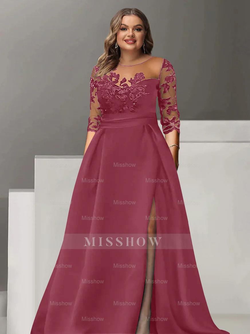 Sweetheart A-Line Princess Floor-Length Plus Size Mother of the Bride Dress with 3/4 Sleeves Lace & Side Split